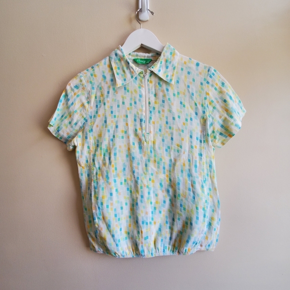 Vintage mint blue yellow short sleeve top half zip, small - Picture 1 of 7